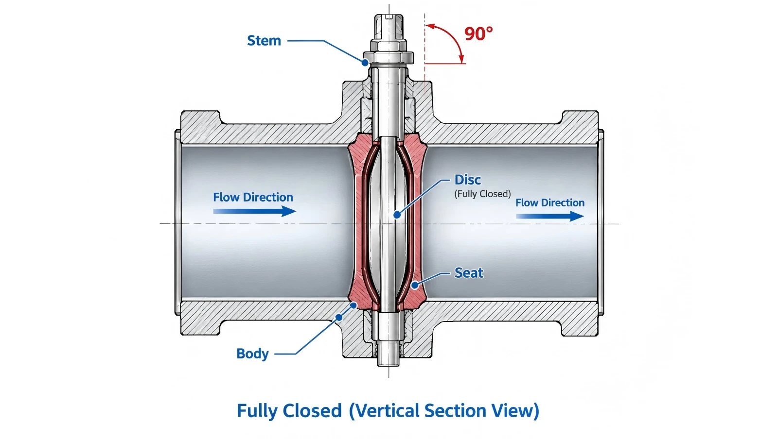 Butterfly valve working principle diagram showing open and closed positions Butterfly valve working principle diagram showing open and closed positions